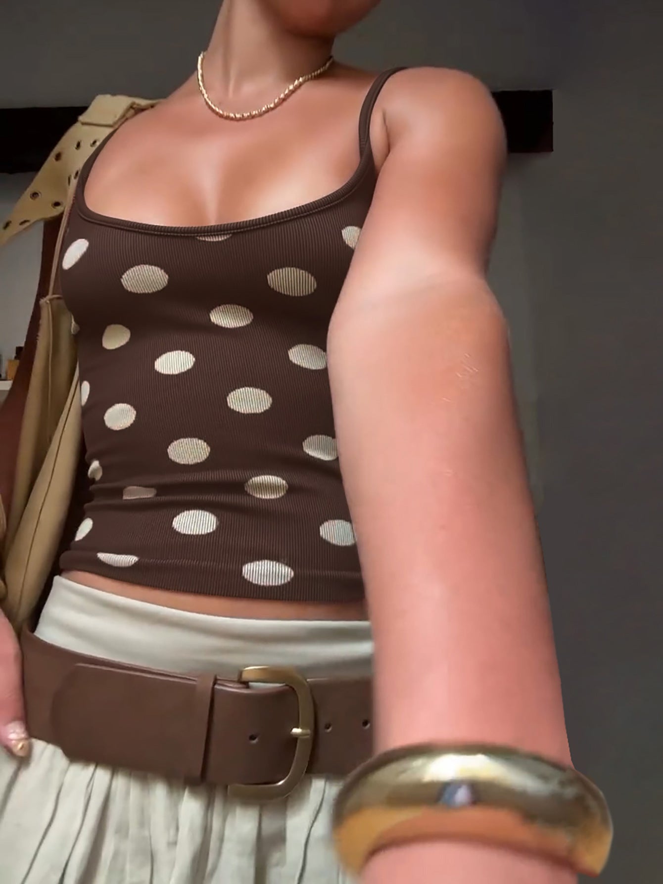 Women's Polka Dot Ribbed Spaghetti Strap Crop Top – Brown Scoop Neck Y2K Camisole - Image 2