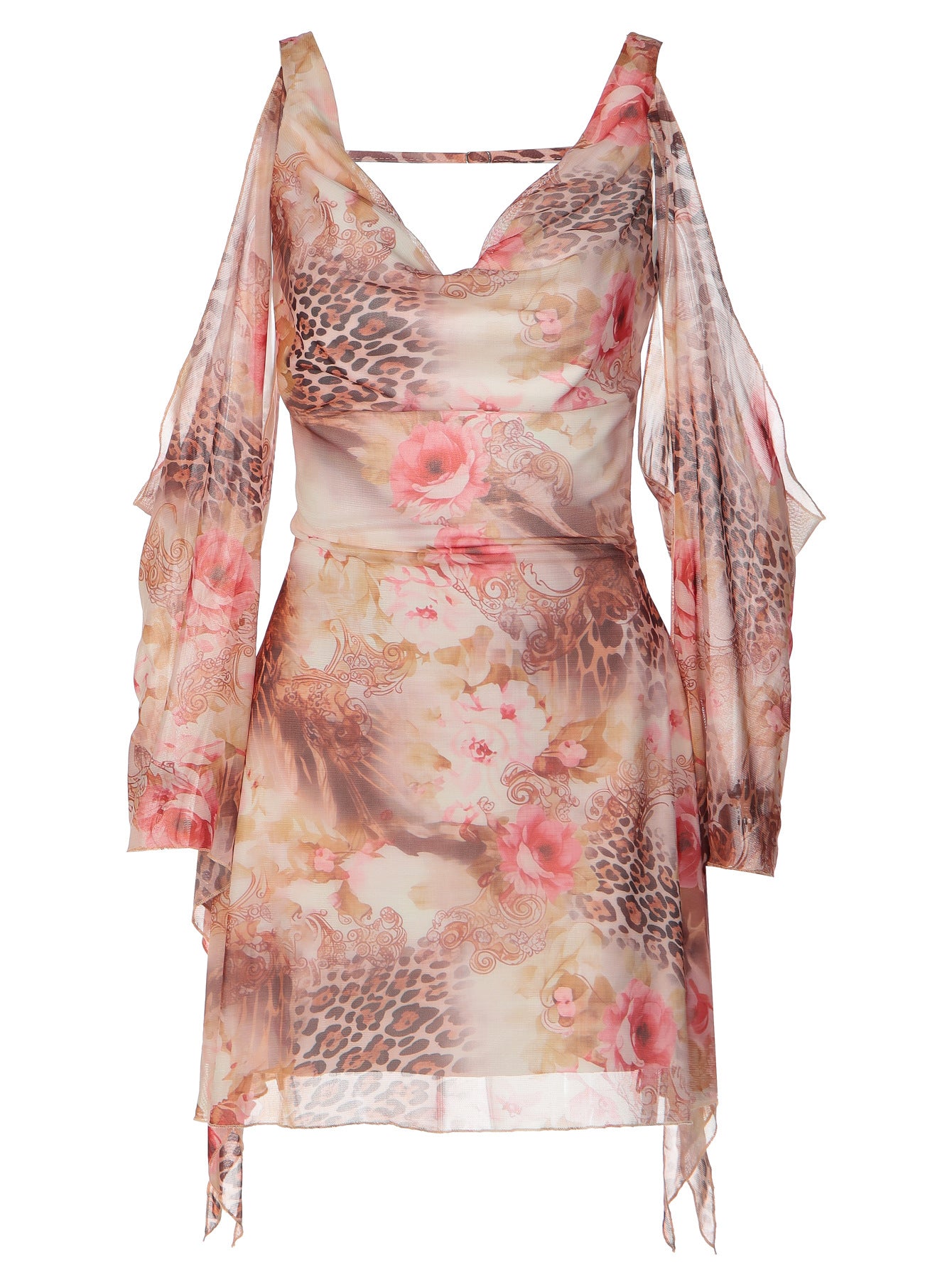 Women's Sheer Mesh Cowl Neck Mini Dress – Long Sleeve Leopard & Floral Print Bodycon Dress - Image 5